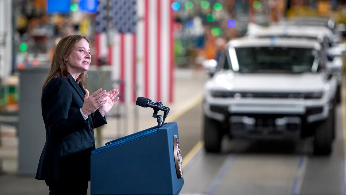 General Motors CEO Mary Barra speaks at the General Motors Factory ZERO electric vehicle assembly plant on November 17, 2021 in Detroit, Michigan.