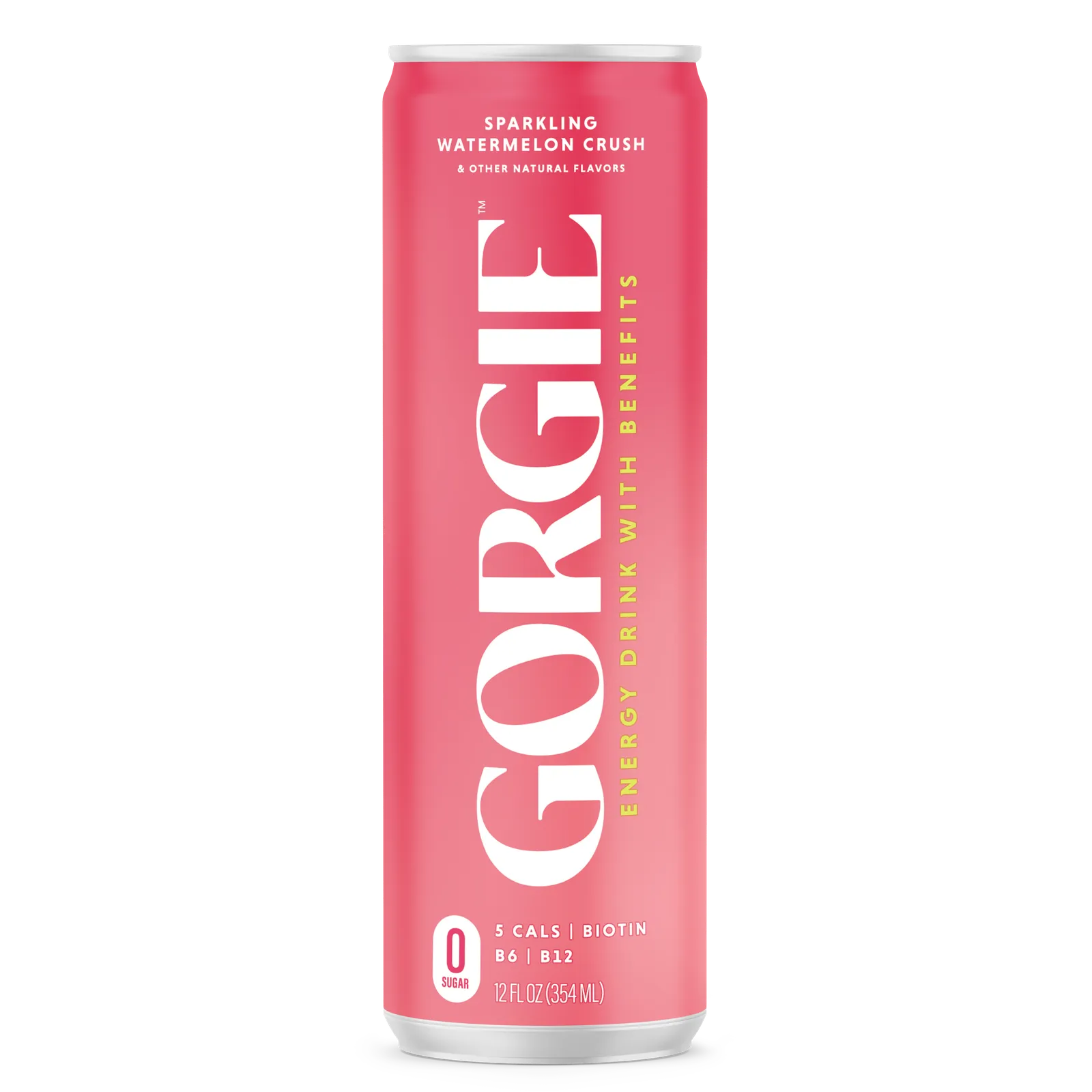 Bright pink drink can that says Gorgie in white letters