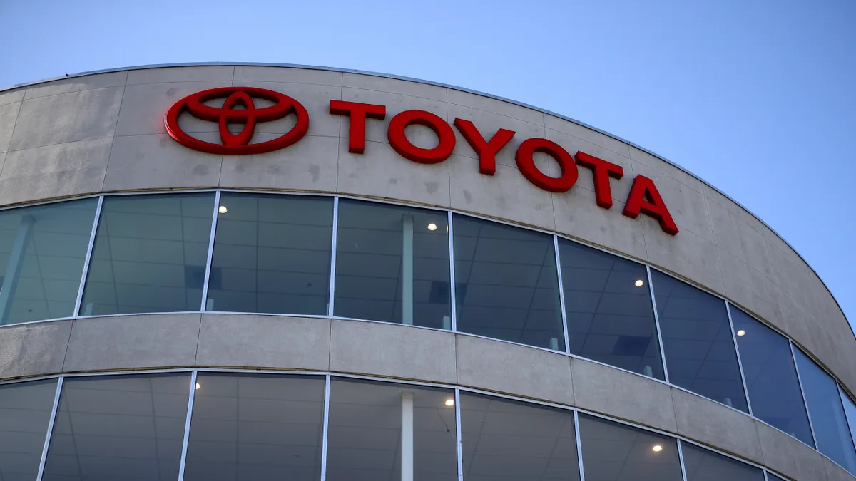 The Toyota logo is displayed at One Toyota of Oakland on February 06, 2019 in Oakland, California.