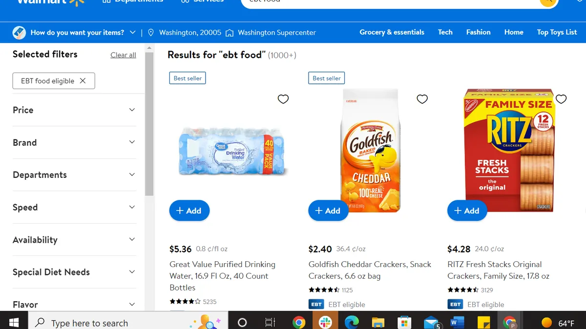 screenshot of Walmart's EBT food items page