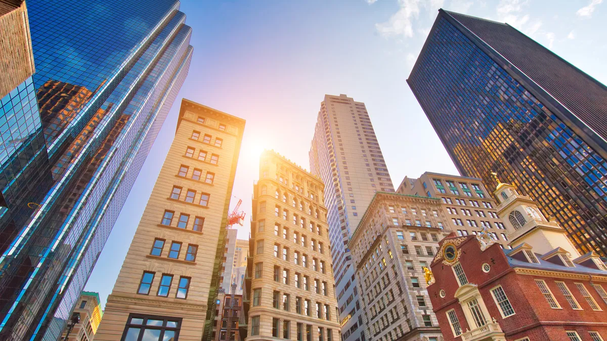 Buildings in downtown Boston at sunset.