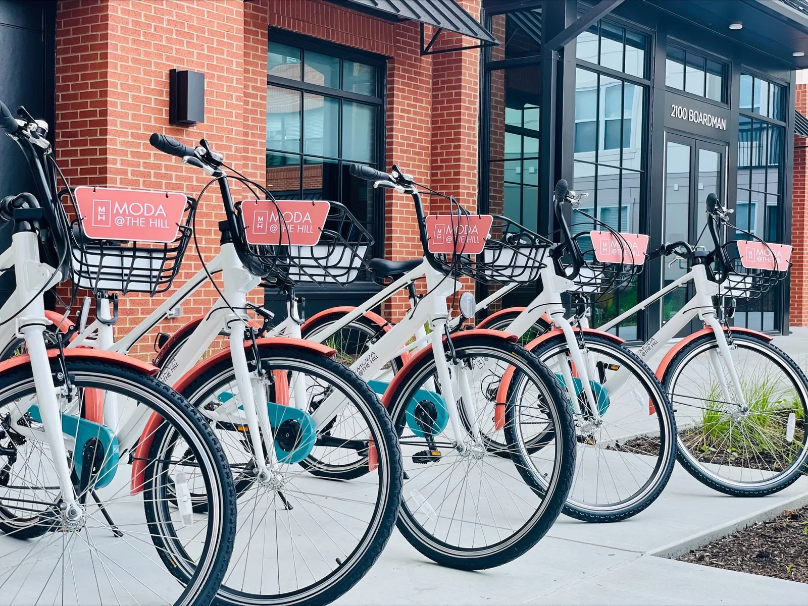 A row of bikes with baskets branded "Moda at the Hill."