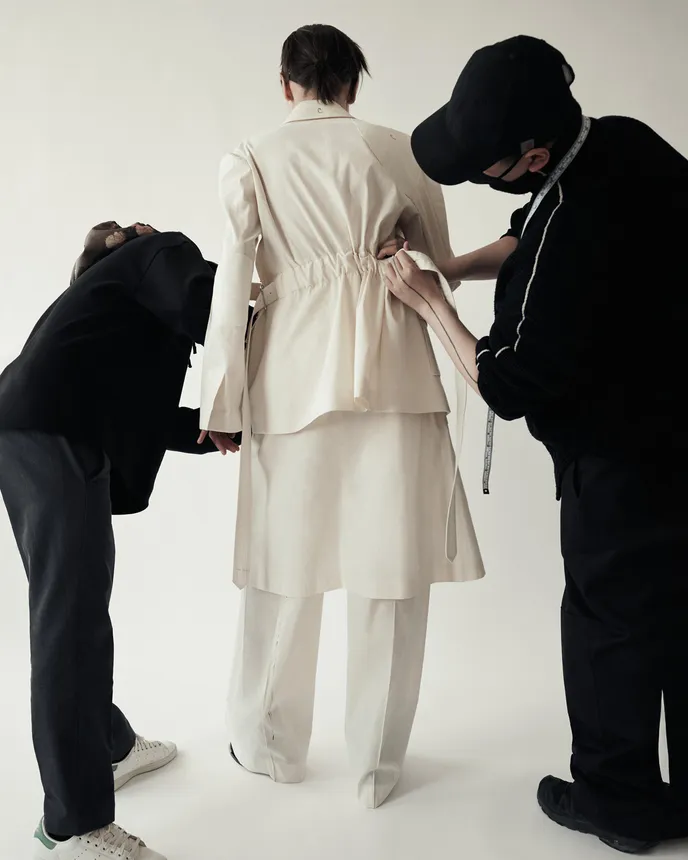 A model wearing a piece in progress from the Peter Do collaboration with Banana Republic.