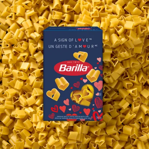 A close up of Barilla&#x27;s heart-shaped pasta for Valentines Day.