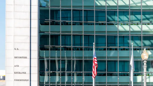 A multiple-rowed green glass modern building facade reads, " US United States Securities and Exchange Commission." 