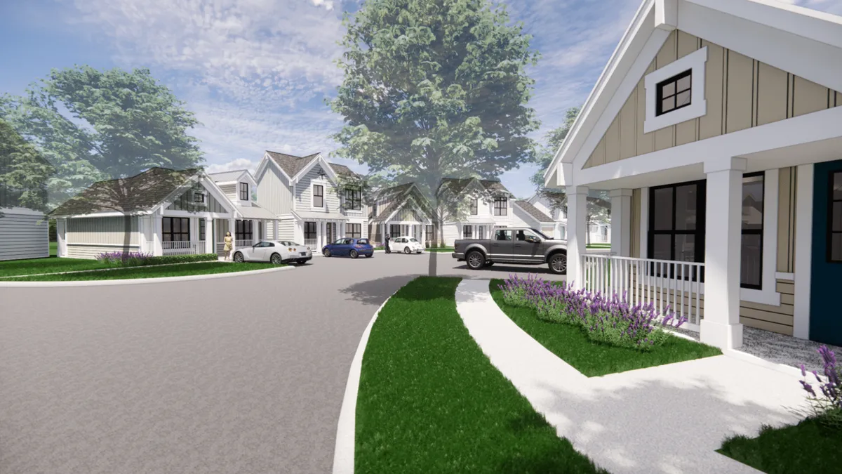 A rendering of a neighborhood full of small single-family homes.