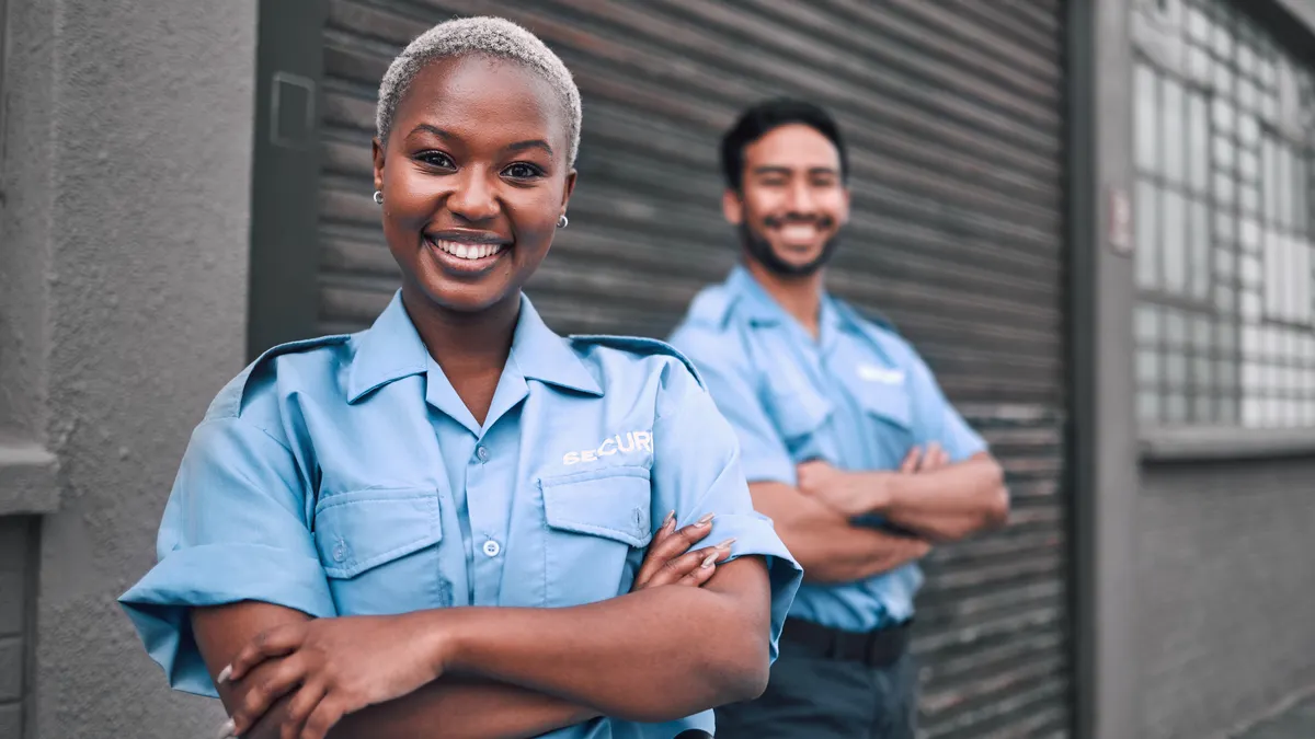 Security guard or safety officer portrait on the street for protection.