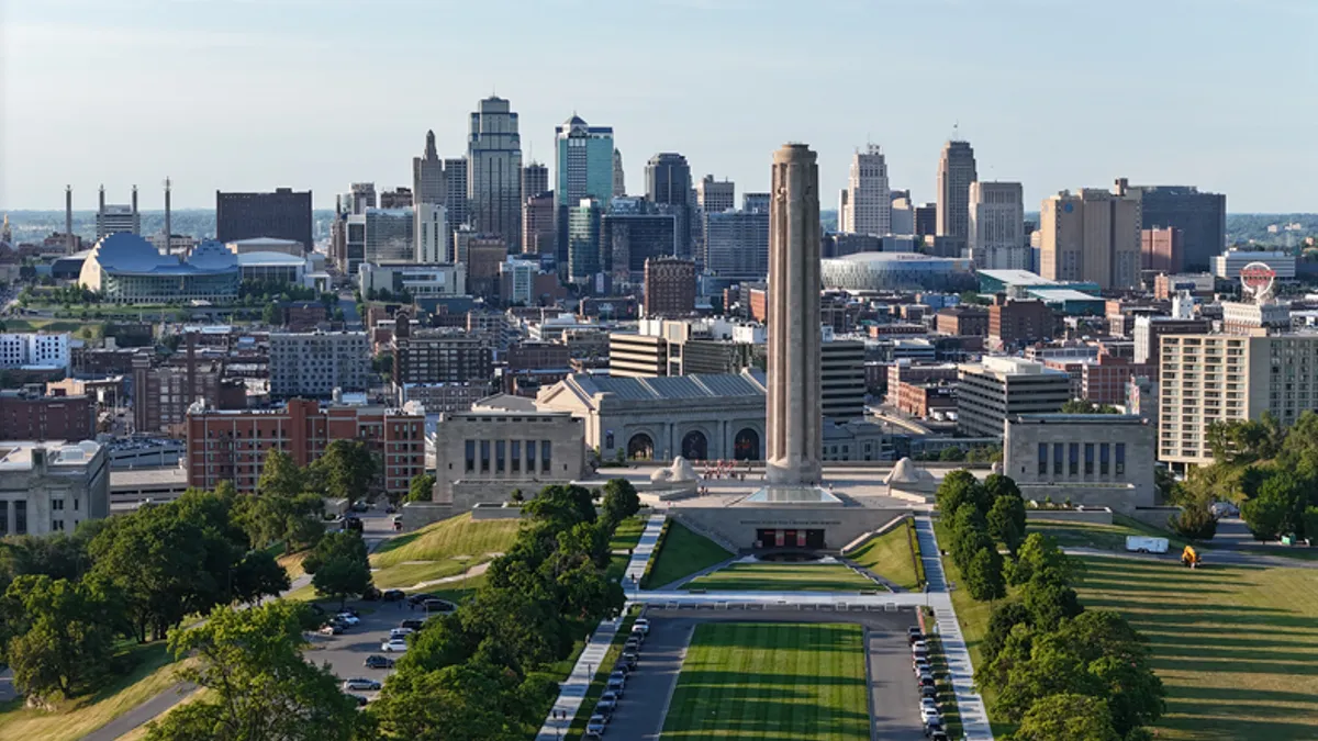 Aerial view of Kansas City, Missouri skyline during summer