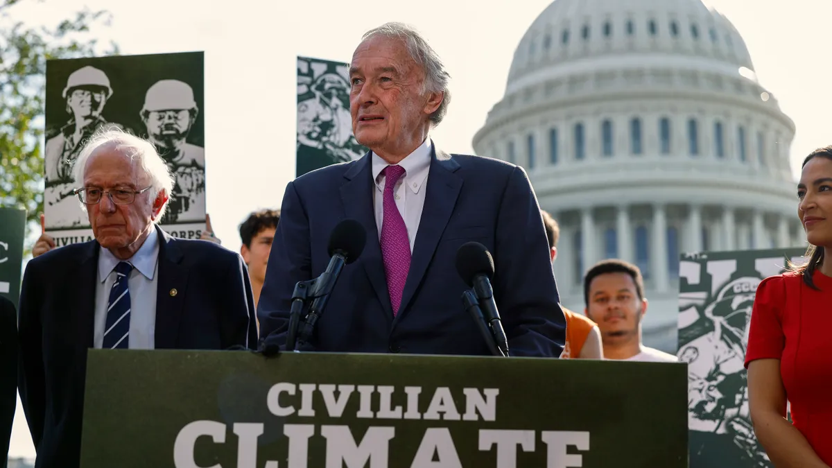 Democratic lawmakers hold a news conference on the launch of the American Climate Corps outside the U.S. Capitol building.