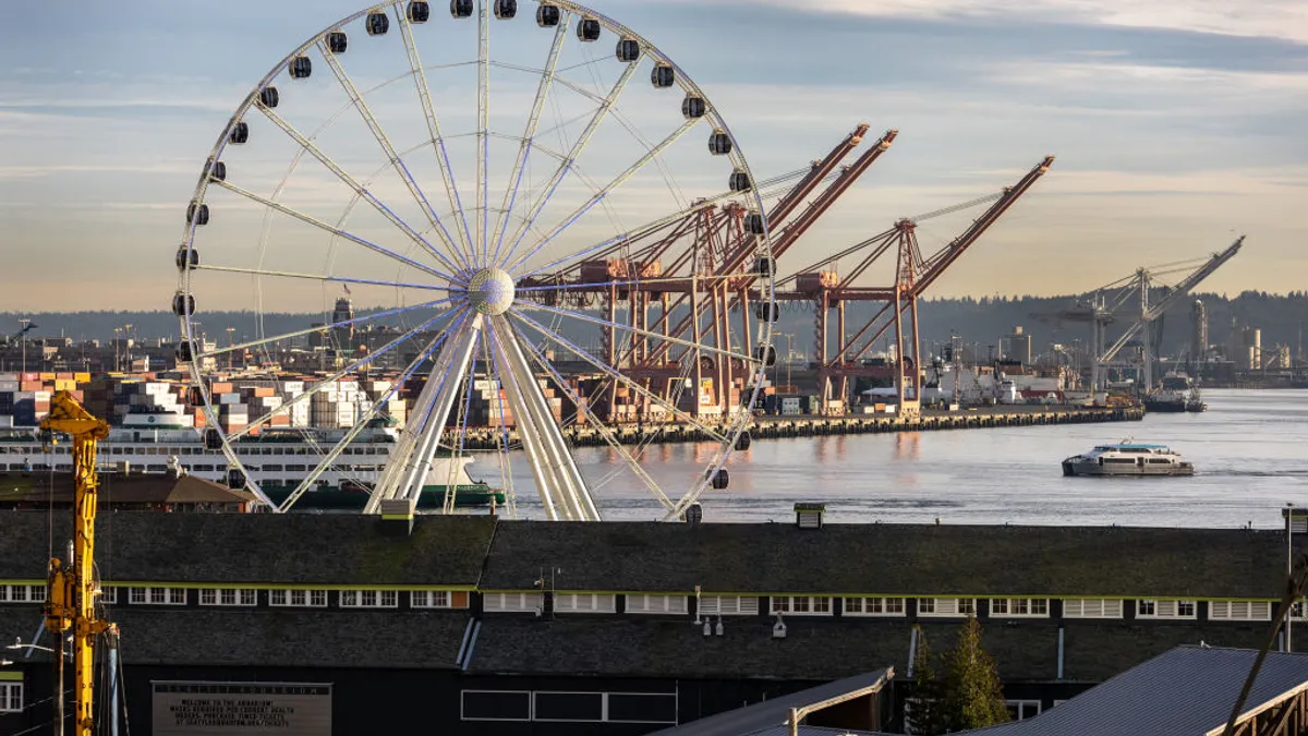 Seattle's 175-foot Great Wheel and the Port of Seattle are seen on the waterfront on March 11, 2022 in Seattle, Washington.