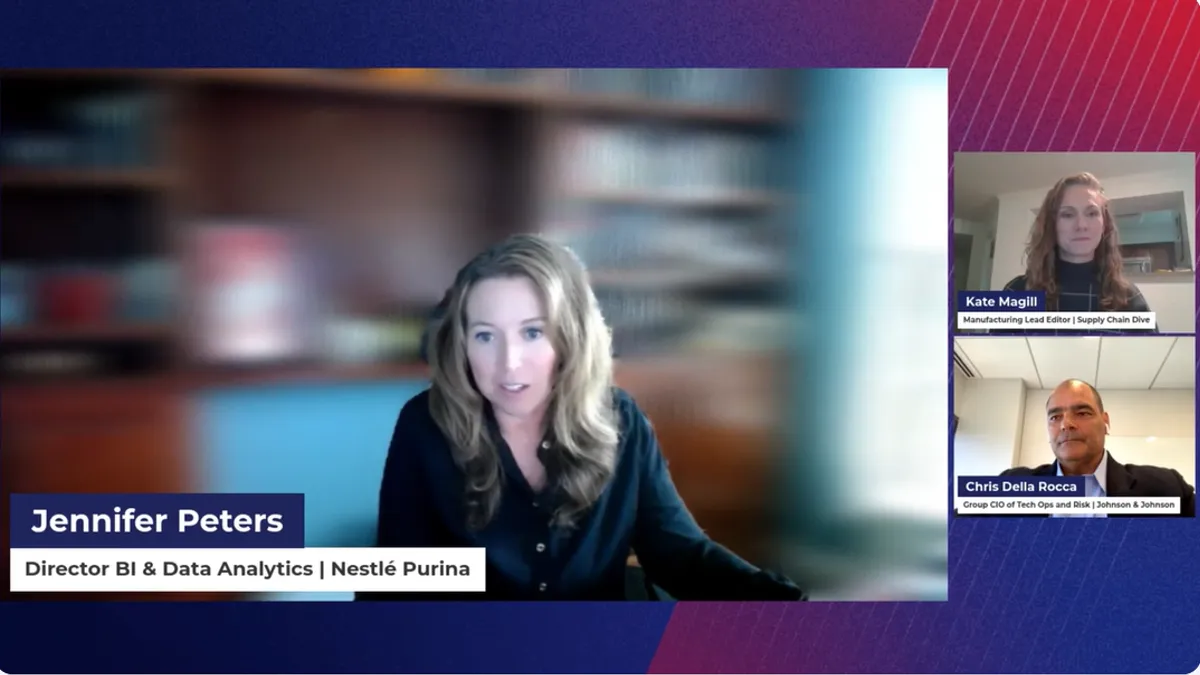 A screenshot of a virtual, live event featuring jennifer peters from Nestle Purina, moderator and another panelist.