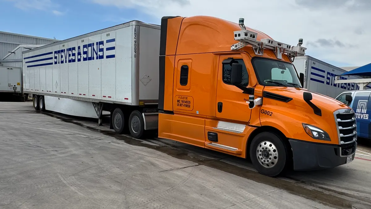 A Steves & Sons tractor-trailer equipped with driverless technology on its cab.