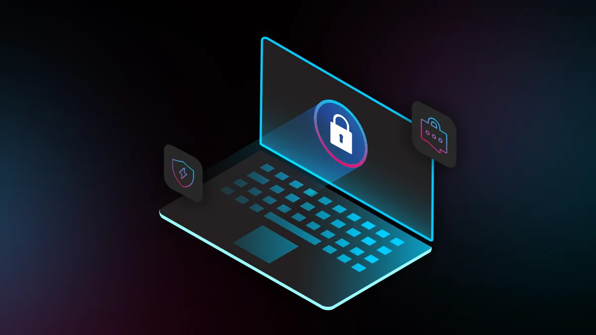 Graphic design image of a laptop with a lock on the screen.