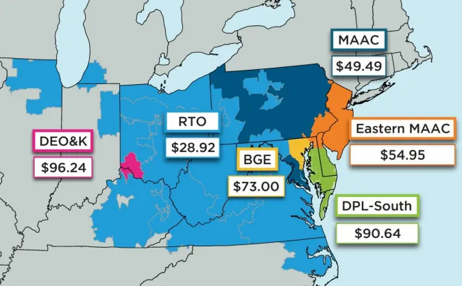 A map of PJM showing capacity auction price results.