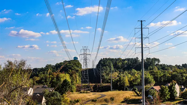 Electric transmission lines run through a wooded area with houses in the foreground.