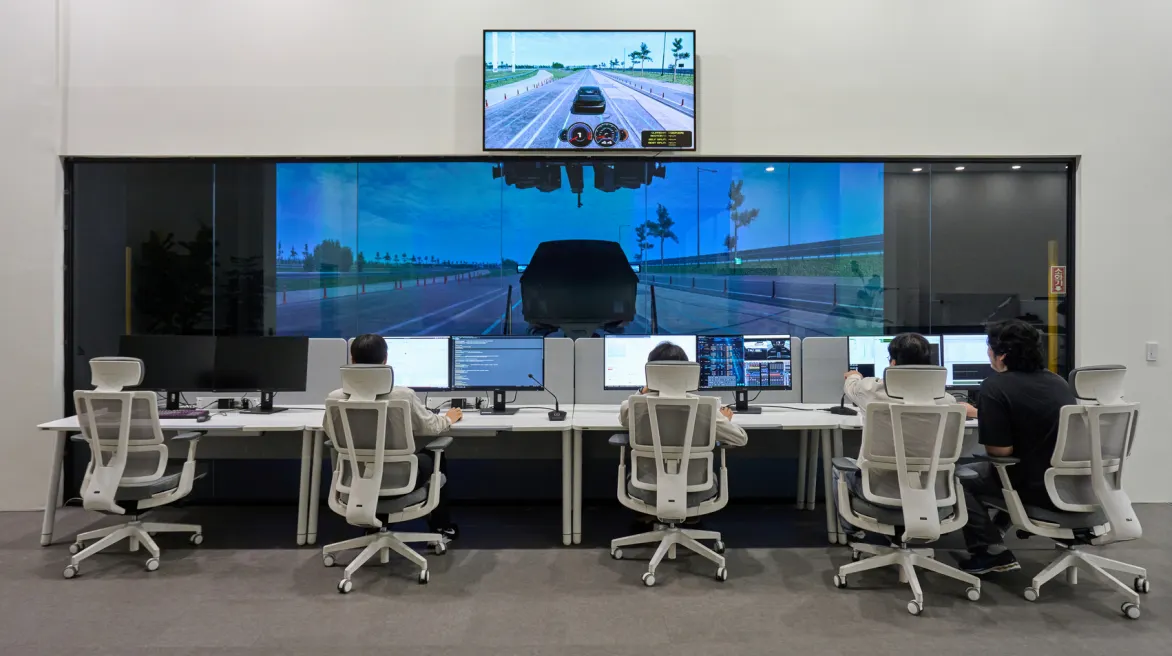 Hyundai engineers at the company's Namyang Research and Development Center in South Korea review data from the Driving Simulator.