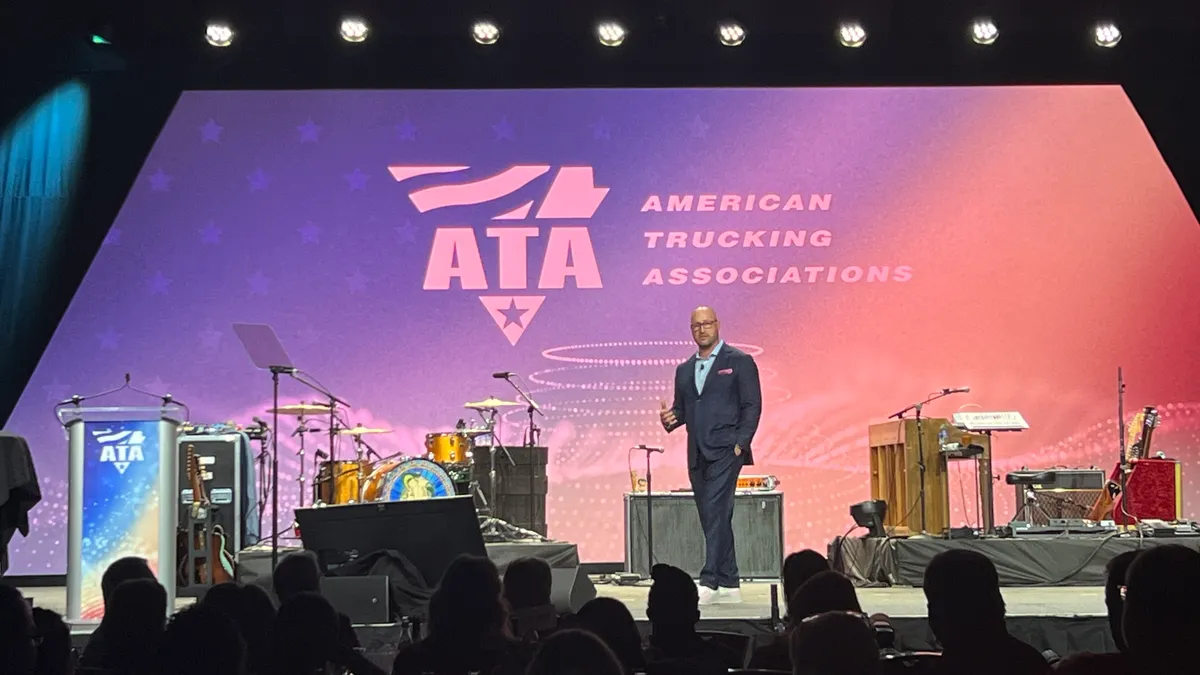 Andrew Boyle, American Trucking Associations chairman, addresses ATA MCE 2023 attendees at the conference's closing banquet.