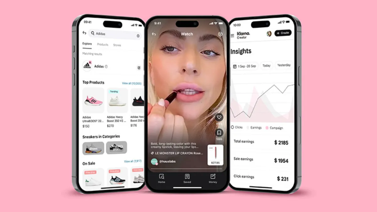 Three iPhones grouped together. On the left is products of shoes, the middle shows a woman putting on lip liner, and the right shows a screen full of data insights.