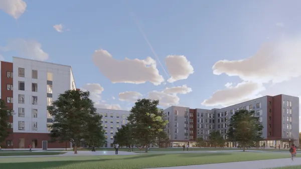 A rendering of a tall building with windows and brown stone on a green piece of land.