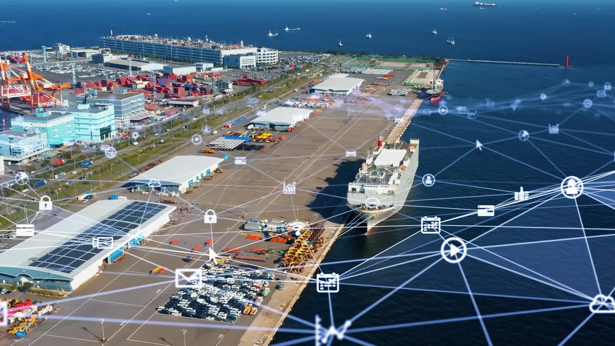 Industrial technology concept showing a shipping industry and communication network.