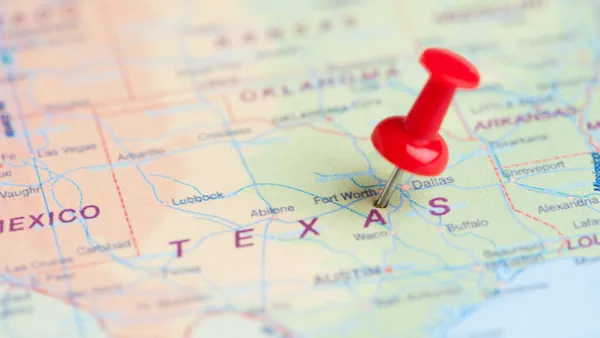 Map of Texas with a pin in the Dallas area