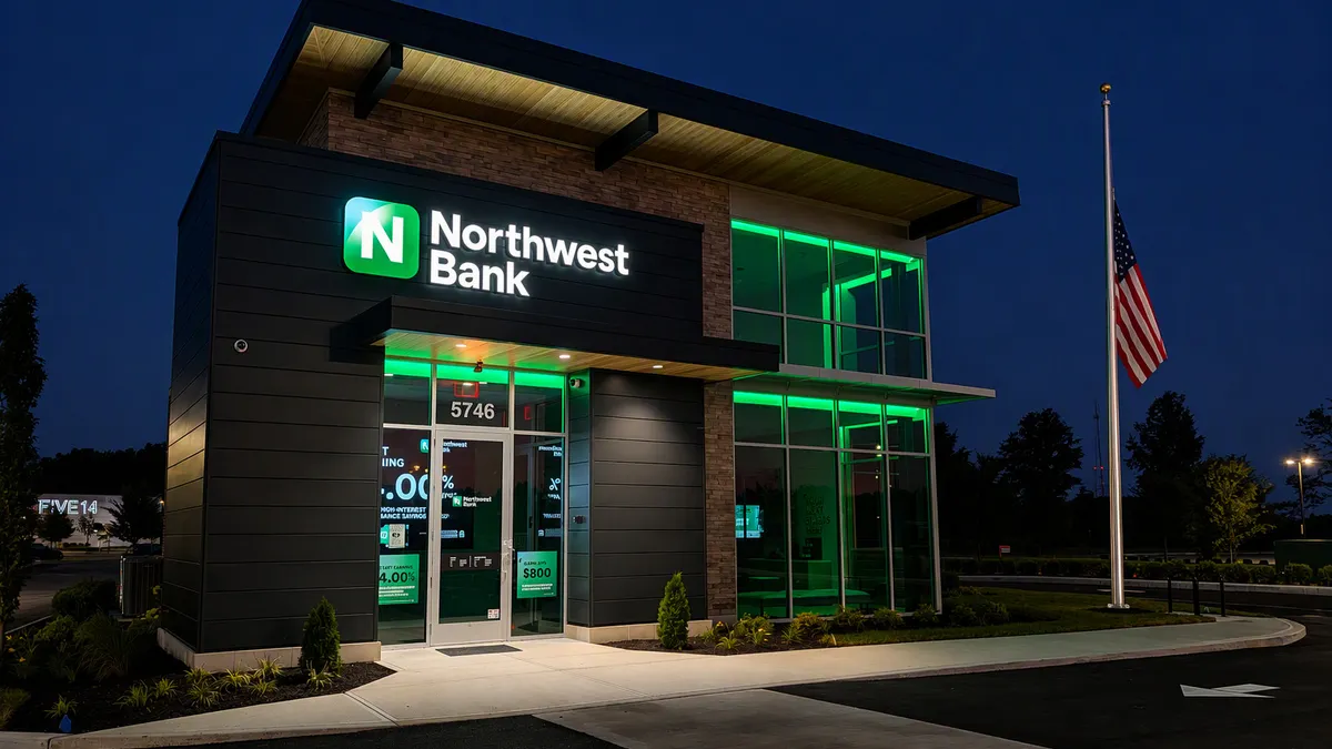 A glass and stone building is shown at night, with green lighting illuminating the exterior and "Northwest Bank" signage and logo seen on the front of the building.