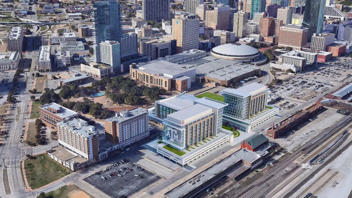 A rendering shows the future building of Texas A&M's law and education building in downtown Fort Worth.