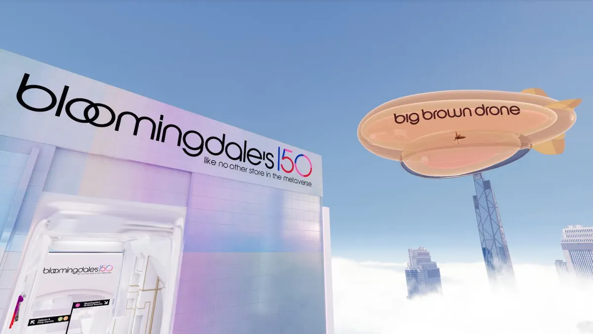 Virtual exterior shot of a Bloomingdale's storefront that is in the sky. A zeppelin with the words 'big brown drone' hovers in the right corner.