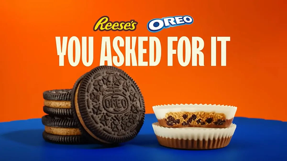 Collaborative Reese's-Oreo products sit in front of a blue-orange background