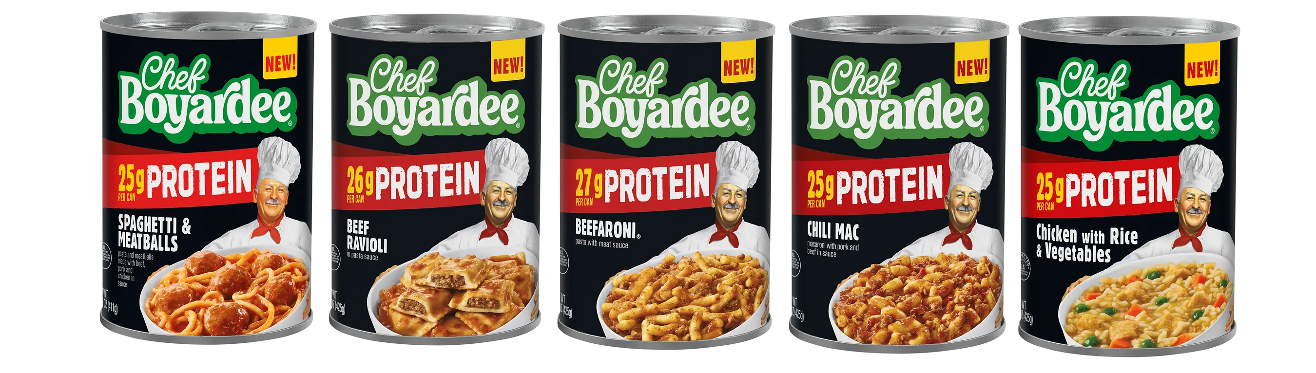 Cans of Chef Boyardee Protein Canned Pasta.
