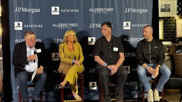 Bob Ackerman, founder and managing director of AllegisCyber and DataTribe moderates a Black Hat panel Aug. 5, 2025. Marci McCarthy, director of public affairs at CISA; Rob Joyce, Data Tribe venture partner and former cybersecurity director at the NSA and Patrick Opet, CISO at JPMorgan Chase.