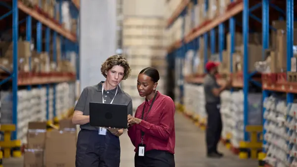 Female manager discussing with employee using laptop
