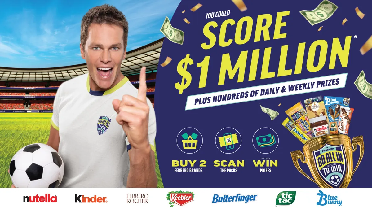 Tom Brady holds a soccer ball while wearing a white soccer jersey. In his free hand, his pointer figure is pointed upwards. On the second half of the screen is an ad for a giveaway.