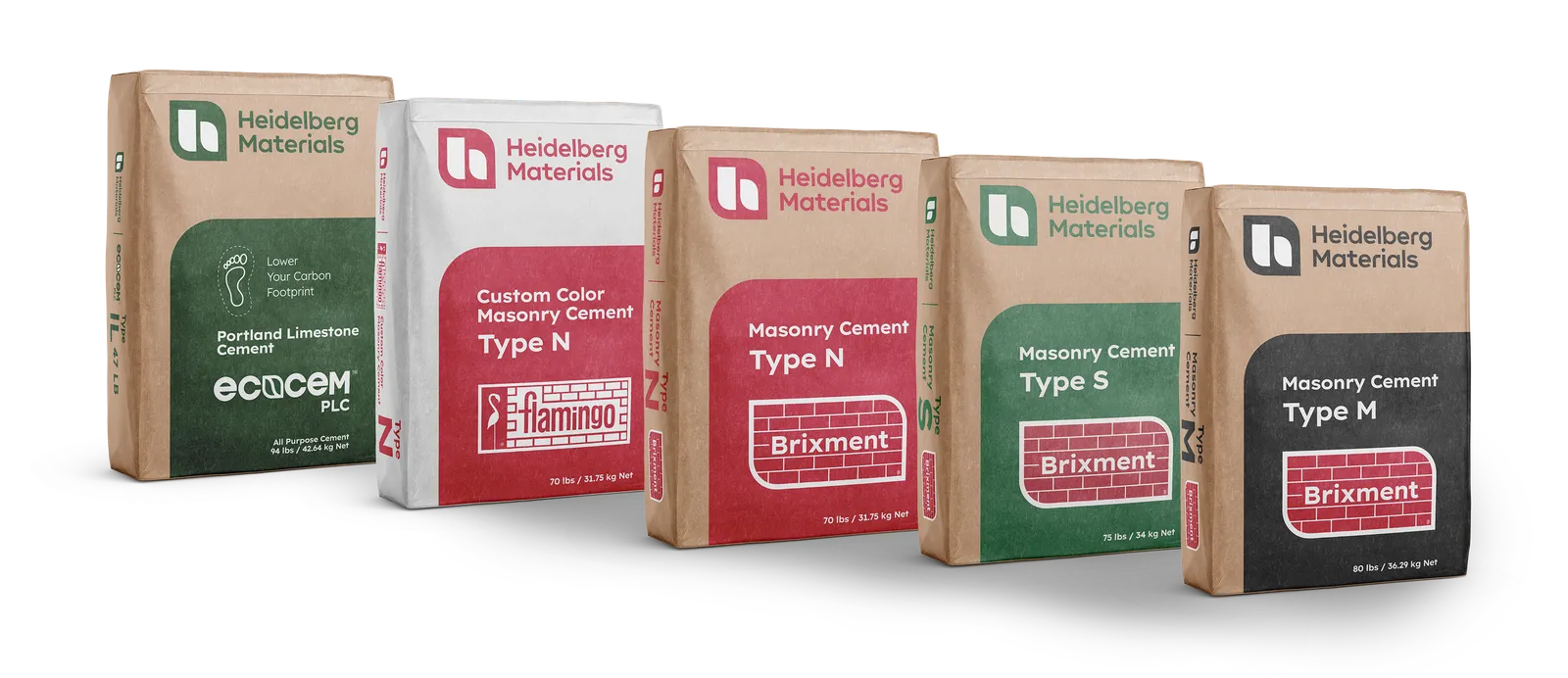 Five paper bags of different types of cement products from Heidelberg Materials.