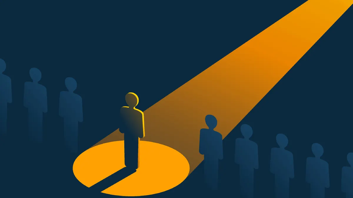 People row with spotlight highlighted one - Recruitment or leadership concept. Creative visualization of people challenge competition