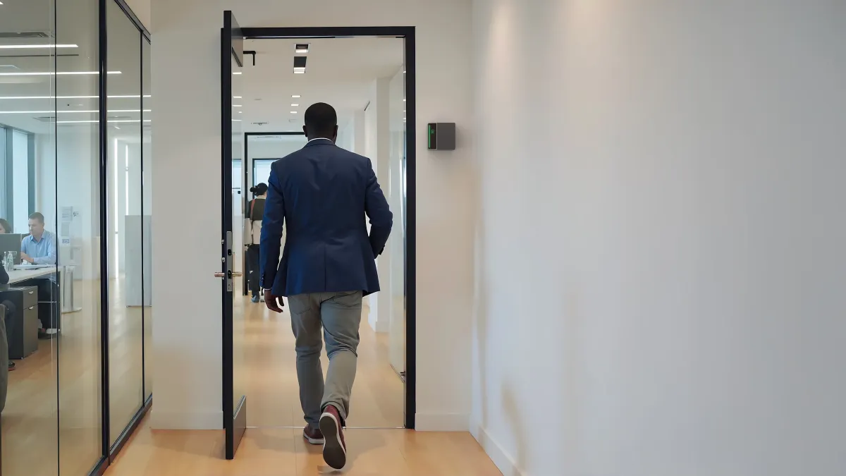 An employee walks through a door with the Rock by Alcatraz to the right.