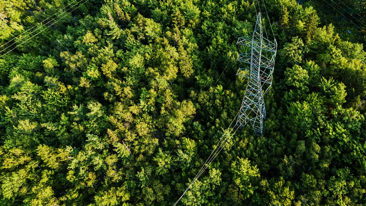 Aerial view of a high voltage power pylon.