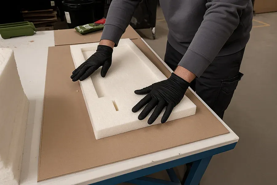 A person&#x27;s hands with black gloves touch a sheet of foam in an industrial setting.