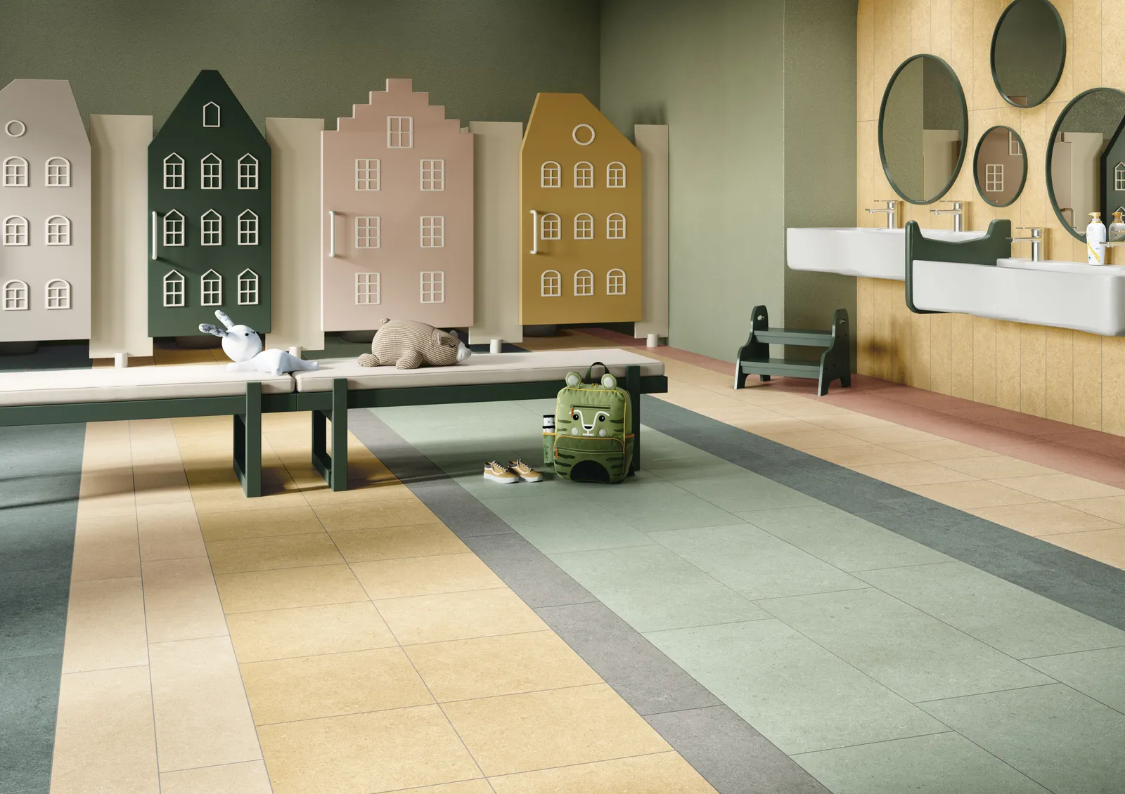 A locker room-style area with soft toys and a tile floor.