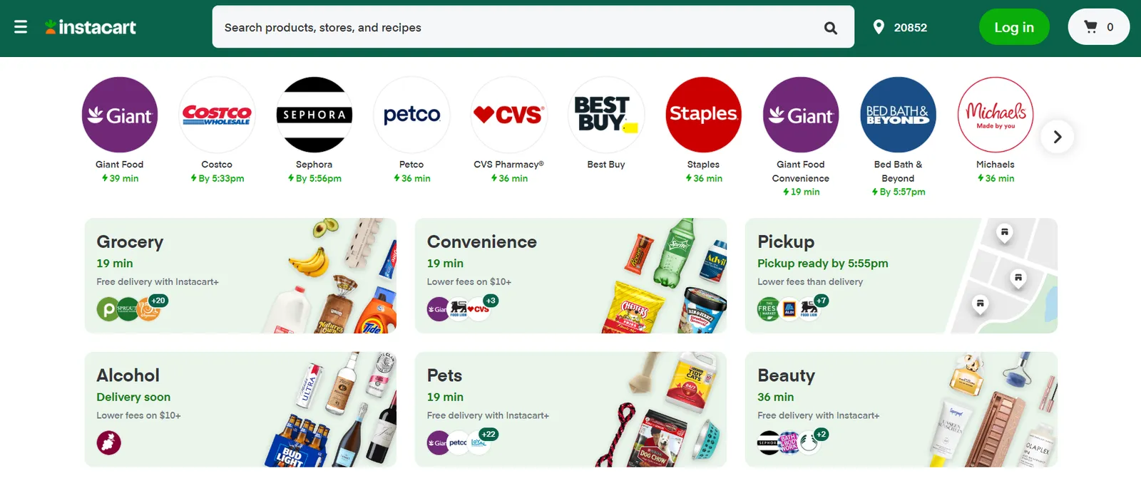 Screenshot of Instacart's website showing different use cases, such as grocery and alcohol, that customers can shop.