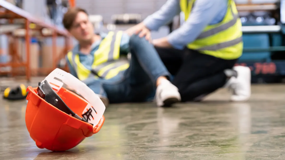 An orange hard hat on the floor and two workers in yellow vests blurred in the background.