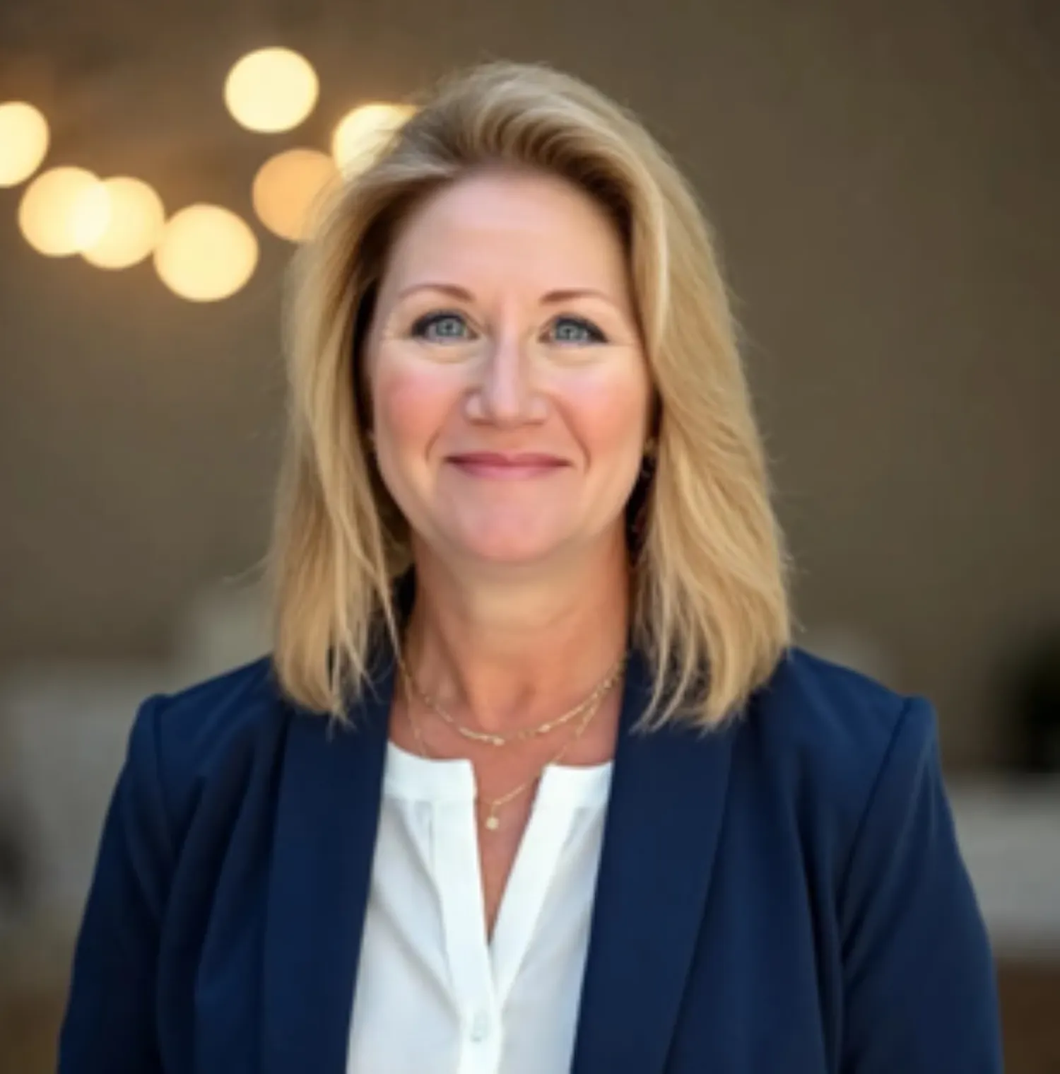 A photogrpah of a smiling person wearing a blue blazer.