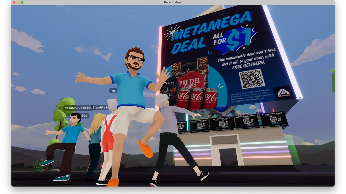 A screenshot of a metaverse scene with characters in front of a sign that says "Meta Mega Deal" for Coca-Cola, pretzels and other items.