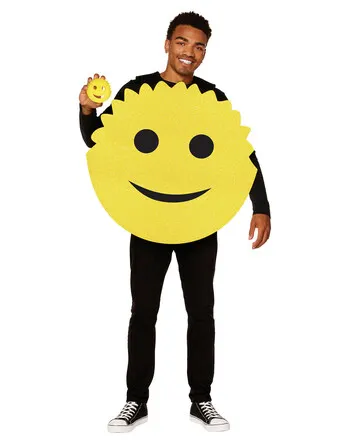 A model wearing a bright yellow smiley faced sponge costume