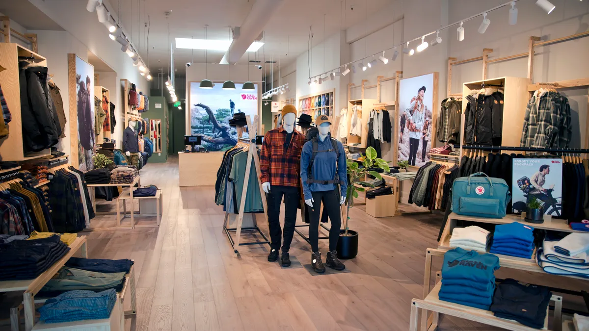 Outdoor merchandise displays inside a Fjällräven store in Palo Alto, California.