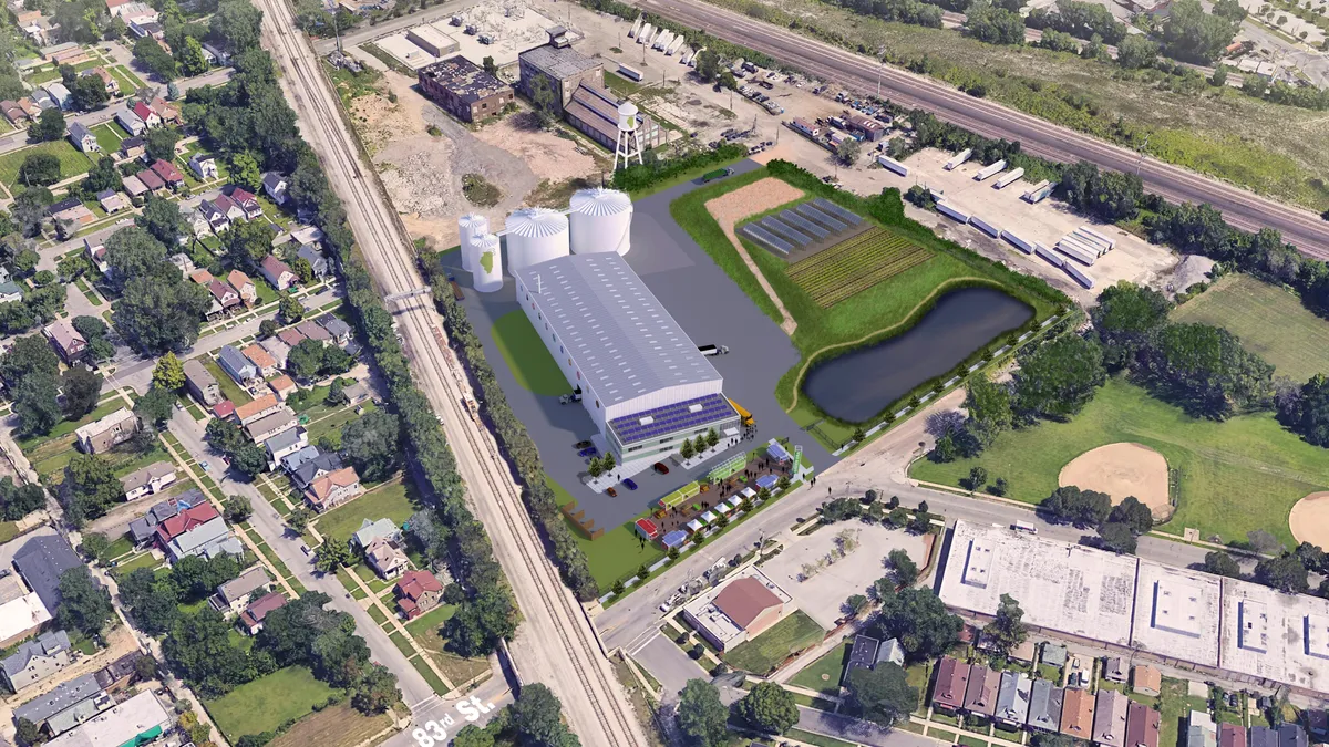 Aerial rendering of Green Era Urban Farming Campus in Chicago