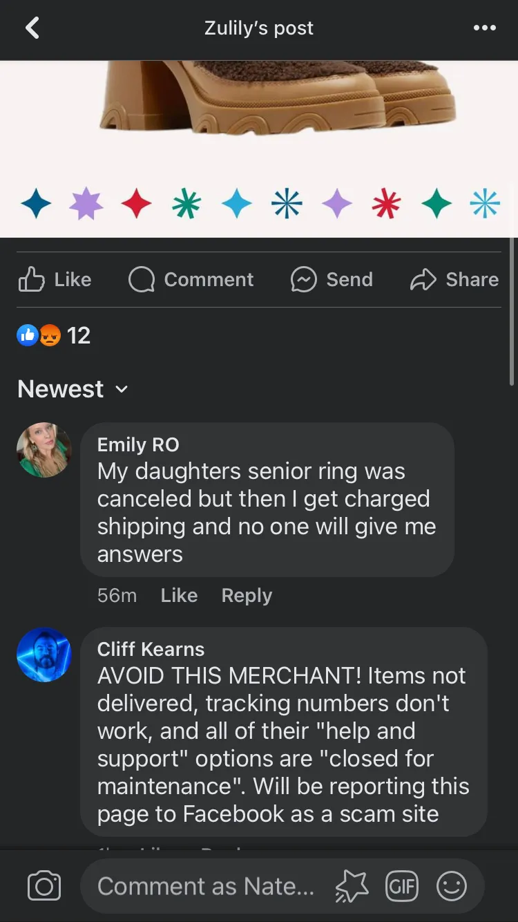 A screenshot of a Facebook post of frustrated customers. Zulily has been accused of charging shipping for orders that never arrived.