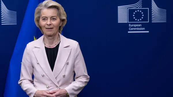 European Union President Ursula von der Leyen stands at EU headquarters on May 20, 2025, in Brussels, Belgium