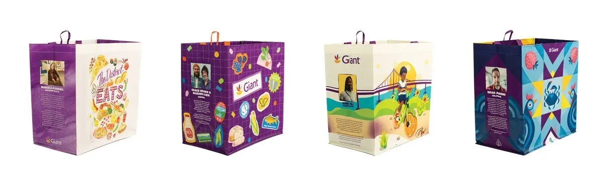 Four reusable grocery bags featuring art.