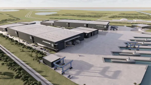 A rendering of a large facility on the river with the name "Saronic" emblazoned on the side.